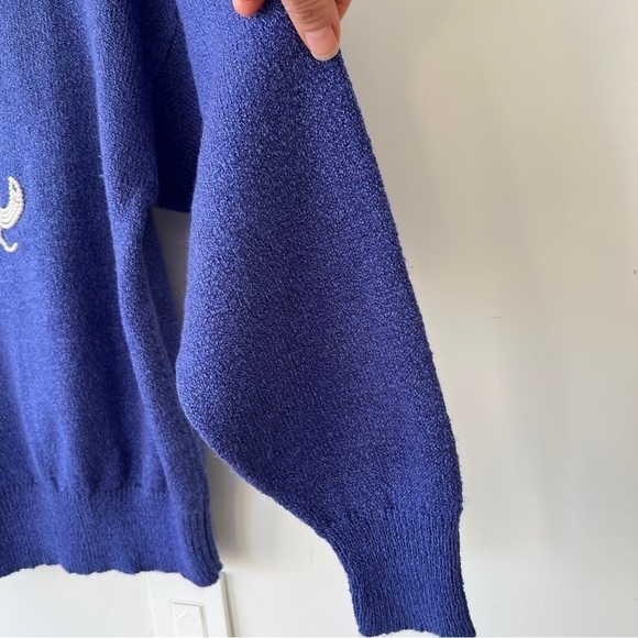 Vintage 80s Cobalt Blue Beaded Pearl Knit Pullover Crewneck Sweater - Picture 6 of 16